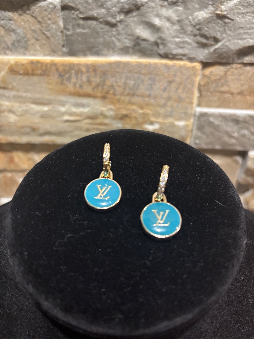 Gold-Tone Crystal Higgie hoopsEarrings with Turquoise LV Enamel Discs